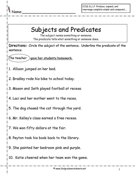 Complete Subject and Complete Predicate grade 6 worksheet